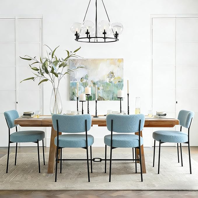 Stabrech Blue Boucle Dining Chairs Set of 8, Upholstered Dinner Chair with Metal Frame, Dining Room Chairs with Padded Seat, Round Modern Seating for Living Room