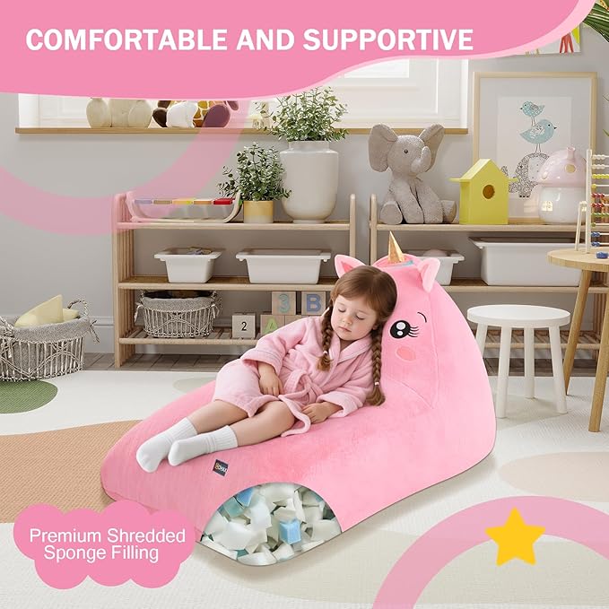 COMAX Unicorn Bean Bag Chairs for Kids, Large Kid Beanbag Chair with Filler, Big Toddler Lounge Bean Chair, Children Lazy Floor Lounger for Girls Boys, Pink