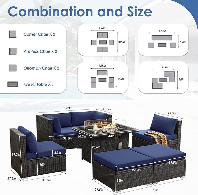 RADIATA 7 Piece Wicker Patio Furniture Set with Fire Pit, All-Weather Outdoor Sectional Couch High Back Large Size, Modular Backyard Seating Sofa Set with Propane/Natural Gas Firepit Table, Grey&Blue