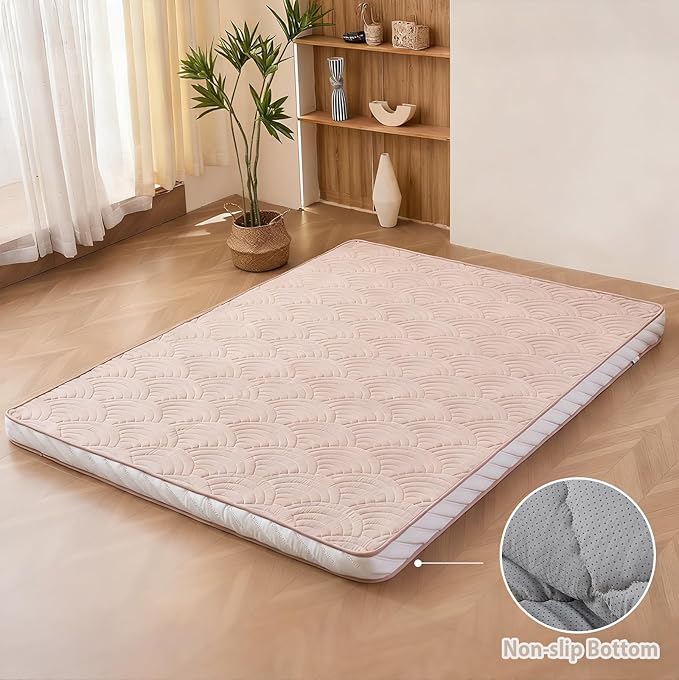 Zelladorra Japanese Floor Mattress, Quilted Futon Mattress with Anti-Slip Bottom, Foldable Floor Bed with Storage Bag and Straps, (Beige, Full)