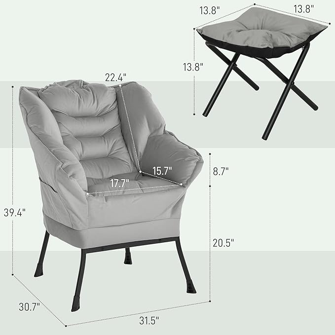 HOMCOM Modern Lazy Chair with Ottoman, Fabric Lounge Accent Chair, Leisure Sofa Armchair with Armrests, Side Pockets, Upholstered Reading Chair and Footstool Set for Living Room, Bedroom, Light Gray