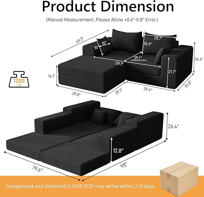 DAMAIFROM 80" Convertible Sleeper Sofa Bed with Soft Pillow, Corduroy Folding Mattress Couch with L-Shape Chaise, Modular Floor Sofa Lounge Couch for Living Room Bedroom Lounge (Black)