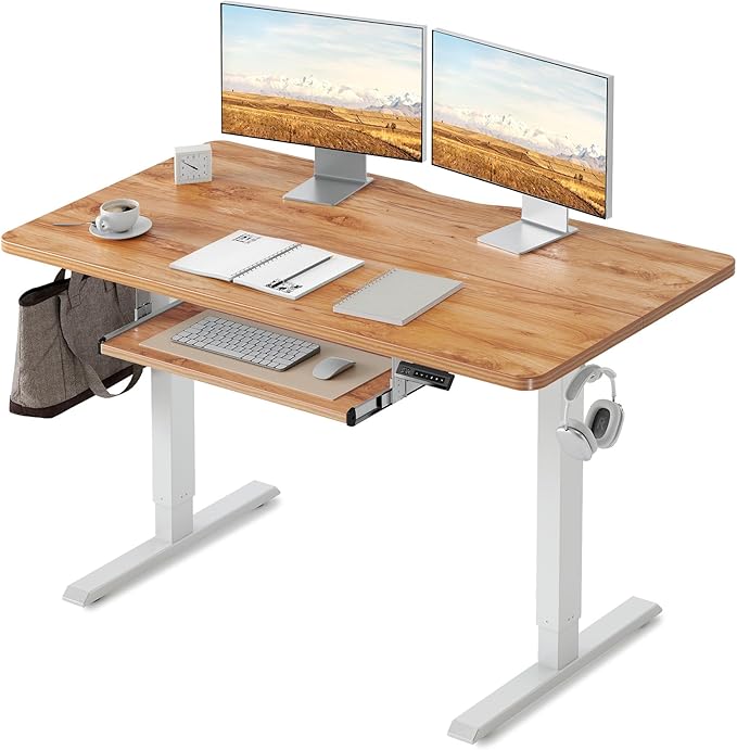 FEZIBO Standing Desk with Keyboard Tray, 48 x 24 Inch Adjustable Height Sit Stand Desk with Memory Presets for Home Office, Ergonomic Computer Workstation, Light Rustic