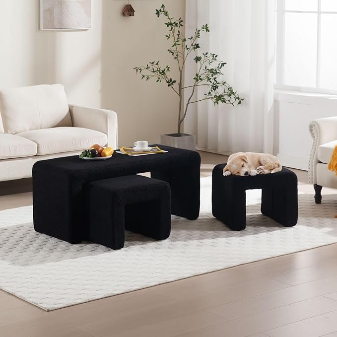 LukeAlon 3-Piece Nesting Ottoman Bench Set, 40.5" Wide Upholstered End of Bed Bench with 2 Small Stools Sherpa Comfy Entry Bench Vanity Bench Stools Modern Arched Bench for Living Room Bedroom, Black