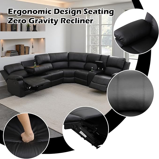 SIENWIEY Manual Leather Recliner Sectional Sofa for Living Room,L Shaped Reclining Sectional Corner Couch,Black Leather Recliner Sofa Set with Storage Console/Drop Down Coffee Table/Cup Holders