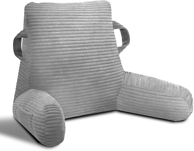 ABROLOY Reading Pillow for Sitting in Bed Adult, Bed Reading Pillow with Shredded Memory Foam, Back Pillow for Sitting with Arms and Pockets, LightGrey