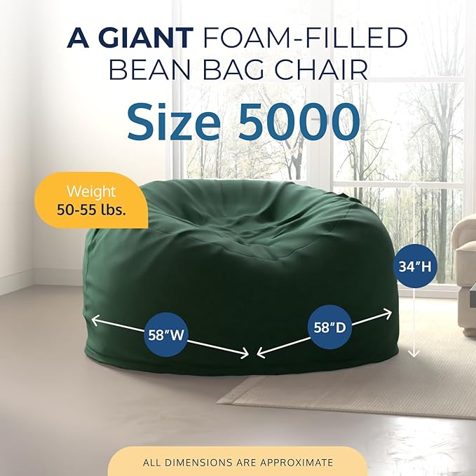 Ultimate Sack 5000 5-Foot Bean Bag Chair, Hunter Suede Cover – Oversized Foam Lounger, Floor Seat, Small Sofa, or Couch Bed for Living Area, Gaming Room, or Reading Lounge