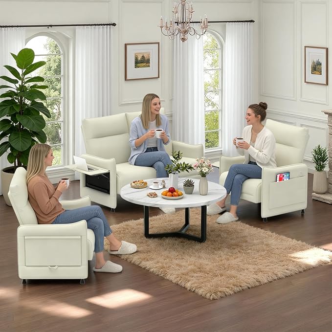 3-Piece Living Room Sofa Set, Faux Leather Loveseat & Accent Chairs Set of 2 with Hidden Foldable Tray & Side Pocket, Front Contour Arm Design, Upholstered Sofa Set for Office, Beige