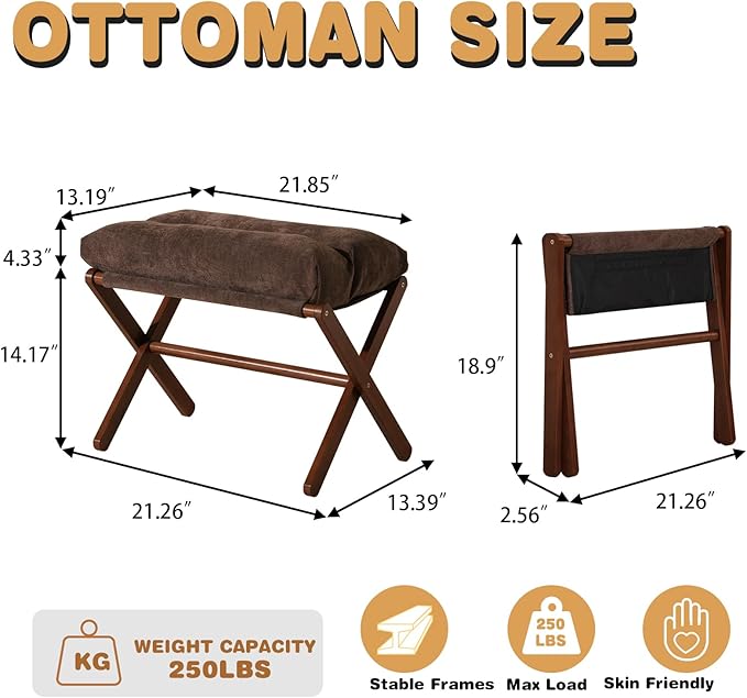 Folding Foot Stool, Small Accent Ottoman with Thick Cotton Cushion & Bamboo X Legs, Modern Padded Sofa Stool for Makeup Bedroom Living Room (Brown)