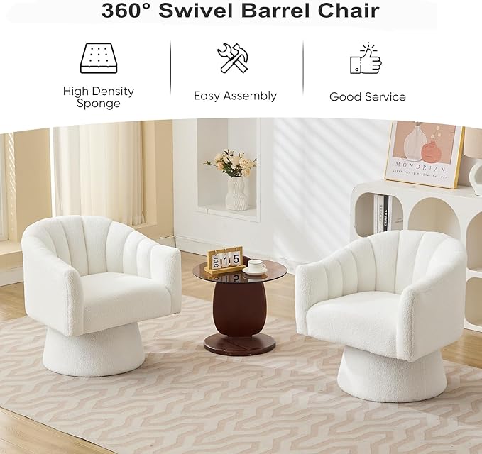 Swivel Accent Chair,Upholstered Teddy 360° Swivel Barrel Chair for Living Room Overstuffed Bouncle Reading Chair Round Armchair for Bedroom,Vanity,Office-White