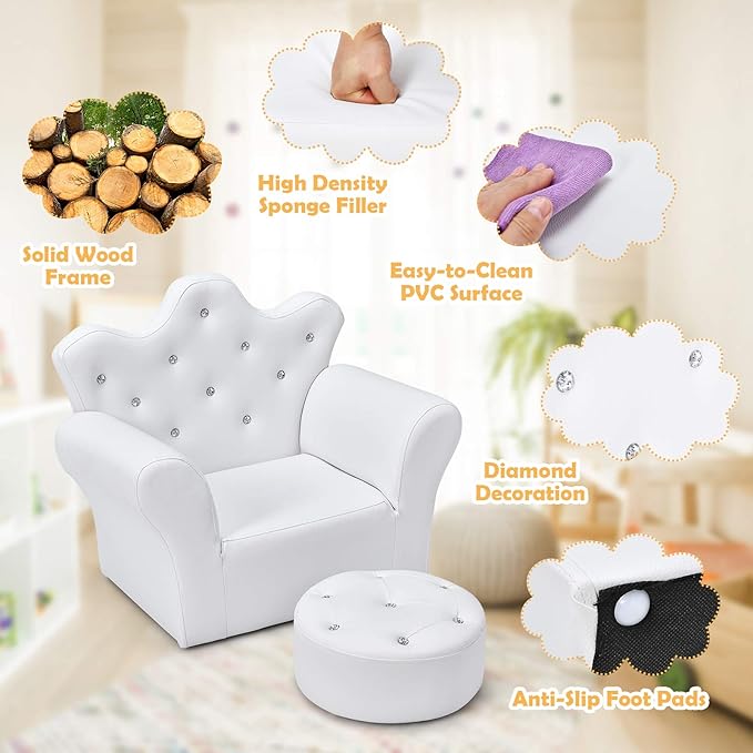 HONEY JOY Kids Sofa, Children Princess Upholstered Couch Armrest Chair with Ottoman, PVC Leather & Embedded Crystal, Toddler Bedroom Furniture for Baby Girl (White Crown Shape with Footstool)