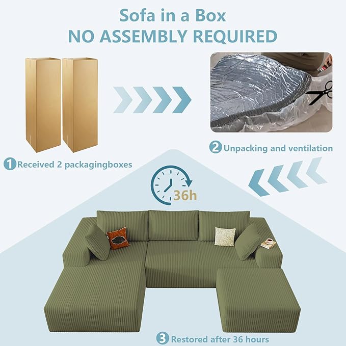 96" W Cloud Sectional Couch with Ottoman,Modern U-Shaped Cloud Couch with Deep Seat,Comfy Corduroy 3-Seater Sofa,Memory Foam Sofa for Living Room,No Assembly (Green,Left-Facing Chaise)