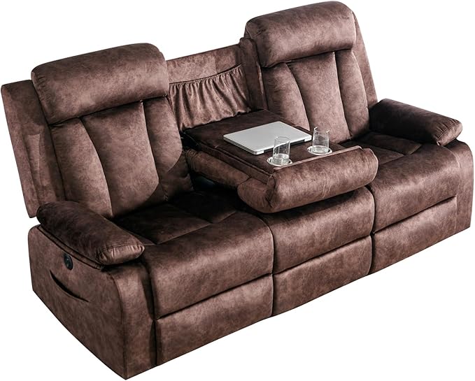 GUEAPY Reclining Sofa-Power Recliner Sofa with Heat and Massage,Recliner Sofa with Drop Down Table,Reclining Couch 3 Seater for Living Room,Home Theater Seating with Cup Holders,USB & Type-C Ports