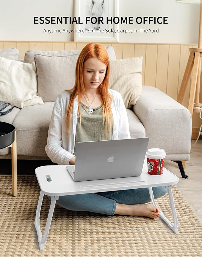 ZEAPTAC Laptop Bed Desk, Foldable Lap Desk, Portable Lap Table, Laptop Stand with Cup Holder & Tablet Slot & Lifting Handle for Working Writing Drawing & Eating - White