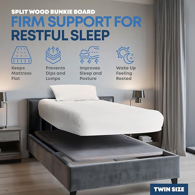 Greaton, Premium 38mm Split Wood Bunkie Board Twin Size Bed - 2-Piece Under Mattress Support Board, Fully Assembled, Fabric Ventilation Cover - Replaces Wooden Slats or Box Spring for Bed Frames, Grey