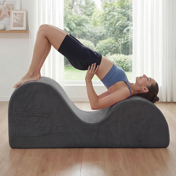 Yoga Chaise Lounge Chair, S-Shaped Floor Sofa with Moveable Headrest, Lumbar Pillow, Support Cushion, Footrest, Non-Slip Base, No-Assembly Lounger for Stretching, Meditation & Relaxation (Grey)