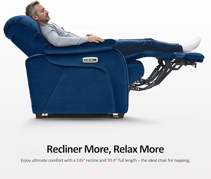 MCombo Power Zero Wall Hugger Recliner Chair for Small Space RV Living Room, Power Recliner with Adjustable Headrest, USB & USB-C Charging Ports, Fabric ST257 (Navy Blue)