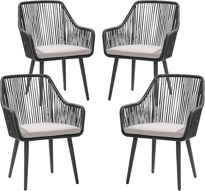 Patiorama Outdoor Dining Chairs, Patio Dining Chair Set of 4, All-Weather Woven Rope Rattan Chairs, Outdoor Dining Wicker Chairs with Armrests for Indoor Balcony Pool Backyard(Black)