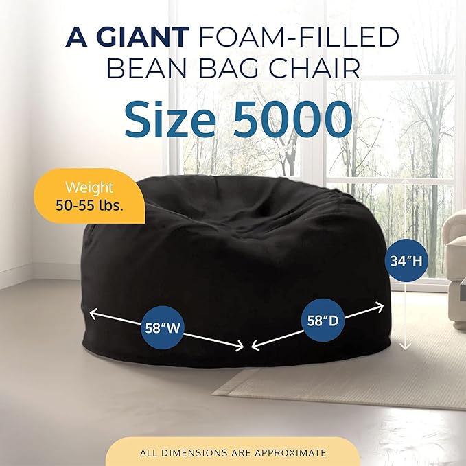 Ultimate Sack 5000 5-Foot Bean Bag Chair, Charcoal Fur Cover – Oversized Foam Lounger, Floor Seat, Small Sofa, or Couch Bed for Living Area, Gaming Room, or Reading Lounge