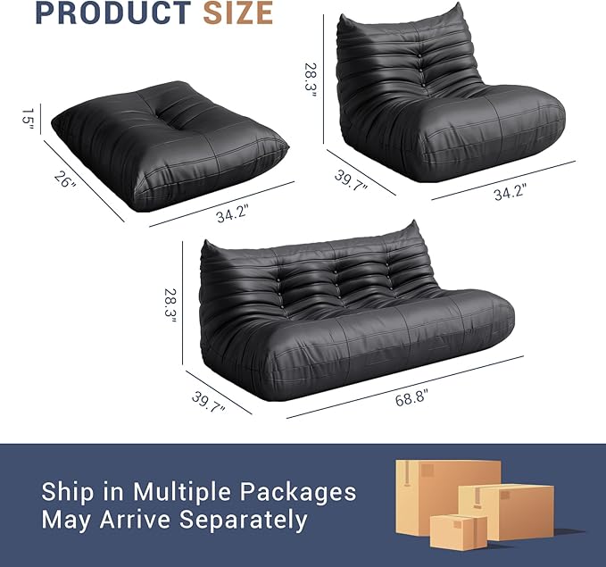 Fireside Chair Lazy Floor Sofa Set, Cozy Memory Foam Bean Bag Chairs, Faux Leather Giant Bean Bag Chair Couch, Armless Foam Couch Lounger Tatami Recliner for Living Room Bedroom Dorm Office