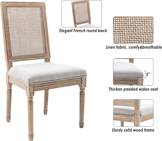 CIMOTA Farmhouse Dining Chairs Set of 4, French Rattan Dining Room Chairs with Rectangle Back/Distressed Wood Upholstered Vintage Side Chairs for Kitchen/Restaurant, Grey/4PCS