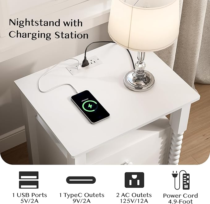 White Nightstand, Vintage Night Stand with Charging Station, Bedside Table with Drawers, End Table with Solid Wood Legs, Bed Side Tables for Bedroom, White