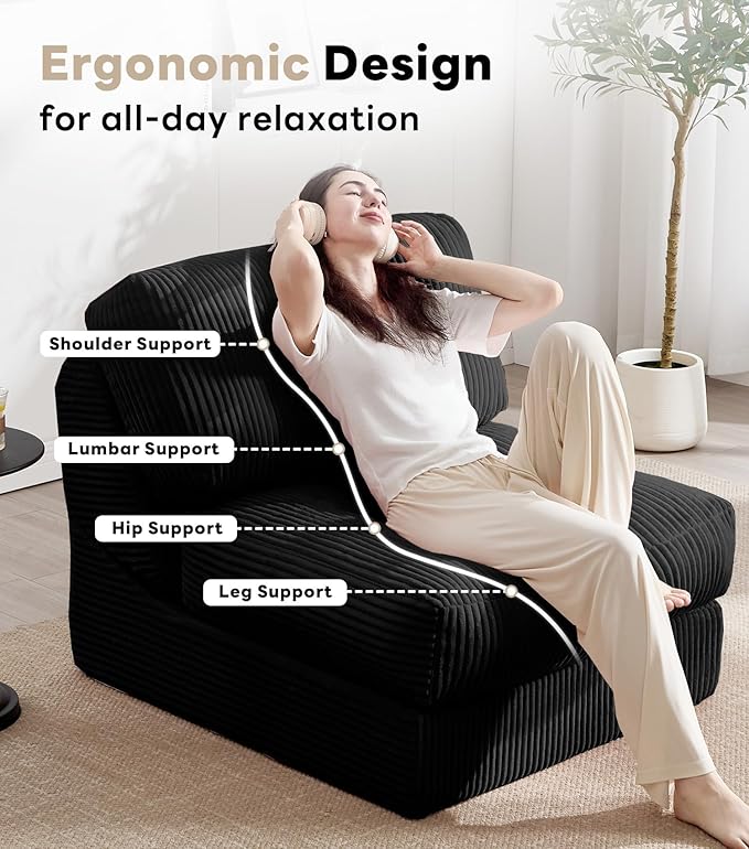 Tbfit 35.8'' Folding Sofa Bed, Convertible Sleeper Chair with Large Pillow, Corduroy Folding Couch Bed, Portable & Foldable Mattress Boneless Floor Sofa Set of 2, Black