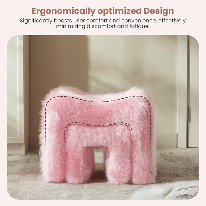 Ottoman Set of 2 Small Footstool Ottoman Vanity Stool Chair Faux Fur Seating Backless Modern Foot Rest Furry for Makeup Room Living Room Bedroom Entryway,Pink(2-in-1)