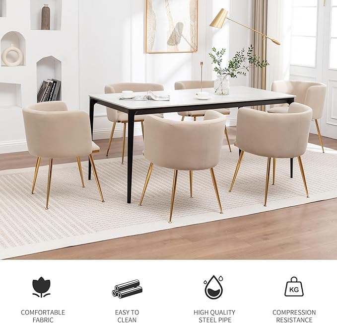 Canxkun Velvet Dining Chairs Set of 2, Barrel Dining Chairs with Gold Metal Legs, Modern Upholstered Dining Room Chair for Dining Room, Kitchen, Vanity (Beige)