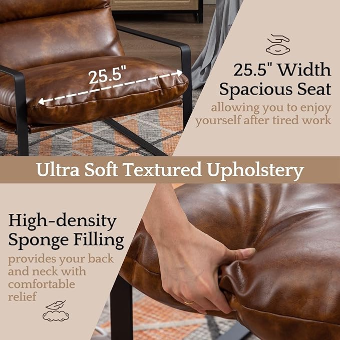 LukeAlon Modern PU Leather Accent Armchair, Upholstered Soft Living Room Chair with Black Metal Frame Thickened Cushion Single Sofa Chair Comfy Lounge Chair for Bedroom Living Room, Brown