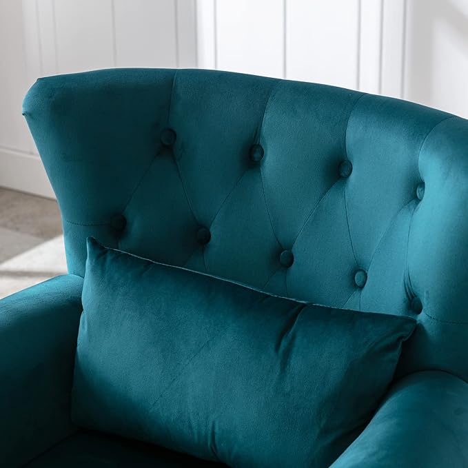 Janoray Mid Century Modern Accent Chair Upholstered Armchair Comfy Velvet Tufted Wingback Single Sofa with Ottoman for Bedroom Living Room, Teal