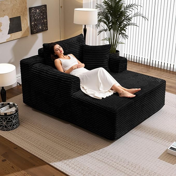 Oversized Chaise Lounge Chair Indoor, Upholstered Single 61'' Round Arm Boneless Cloud Sofa Bed Sleeper Couch, No Assembly Faux Rabbit Fur Memory Foam Reading Chair for Living Room Bedroom Black