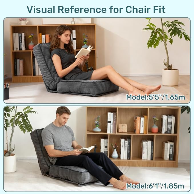 HollyHOME Adjustable Floor Chair with 6 Positions, Folding Lazy Sofa Recliner with Back Support, Thick Sponge Cushion and Portable Handle, Comfy Gaming Meditation Chair for Dorm, Bedroom, Dark Grey