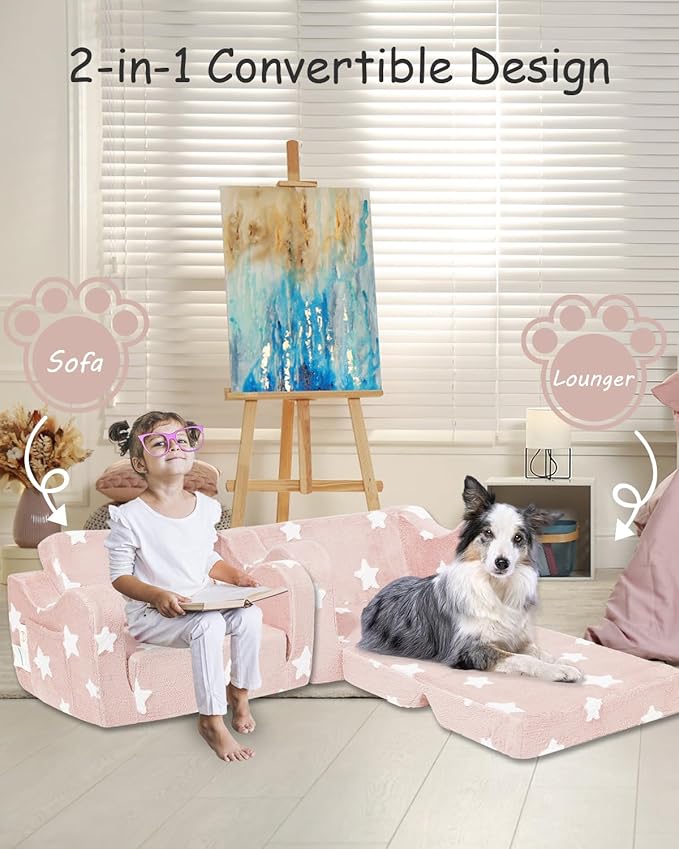 Toddler Couch, Kids Couch for Toddler Fold Out, 2-in-1 Convertible Kid Sofa to Lounger Bed for Girls and Boys, Ideal for Reading Sleeping Gaming Decor (Pink)