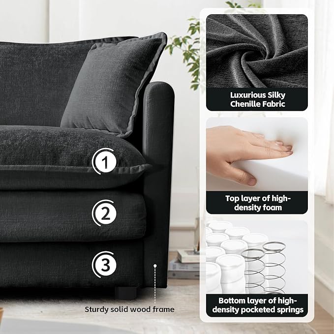 SoarFlash Chenille Sectional Sofa, Comfy L Shaped Modular Coush Sofa with Ottoman, Modern 3 Seat Couch Deep Seat Sofa Set for Living Room,Grey