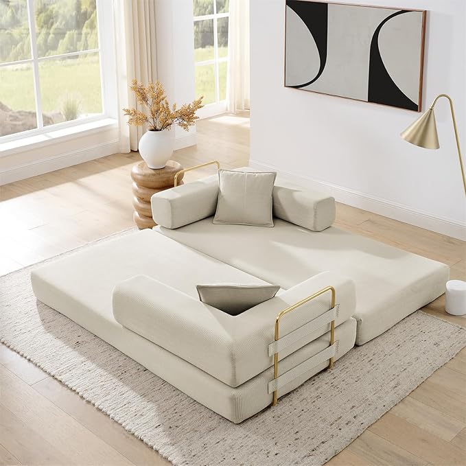 Antetek Convertible Futon Sofa Bed, 3 Seater Modern Corduroy Foam Floor King Size Bed Fold Out Sleeper Lounge Loveseat Sofa Couch with 2 Throw Pillows for Living Room Bedroom Guest Room, Beige