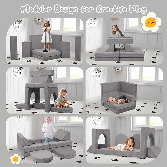 MeMoreCool Kids Modular Play Couch – 10 Piece Corduroy Foam Sofa, Light Grey Convertible Playroom Furniture for Toddlers | Fort Building Set | Washable, Soft & Durable
