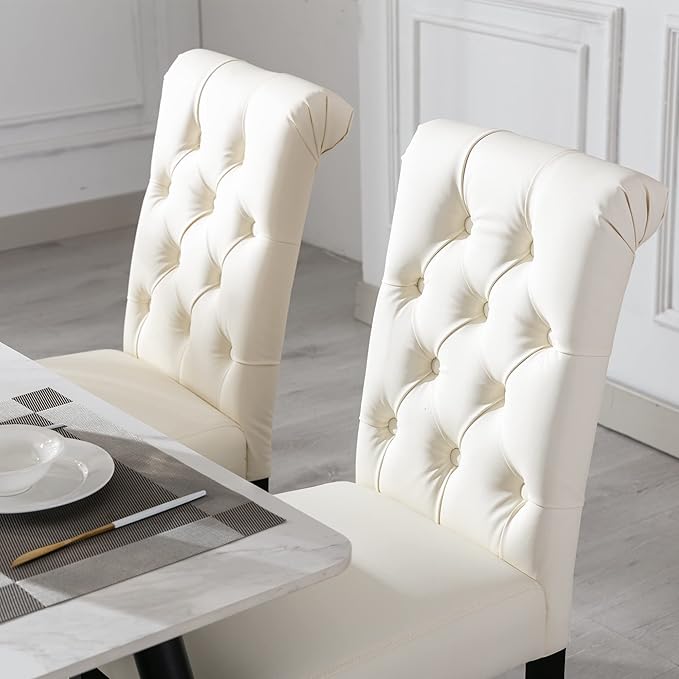 chairus Dining Chairs Set of 6 Mid Century Modern Living Room Chairs with Button Tufted High Back PU Leather Armless Chair Comfy Upholstered Side Chairs for Kitchen/Restaurant/Bedroom, Cream White
