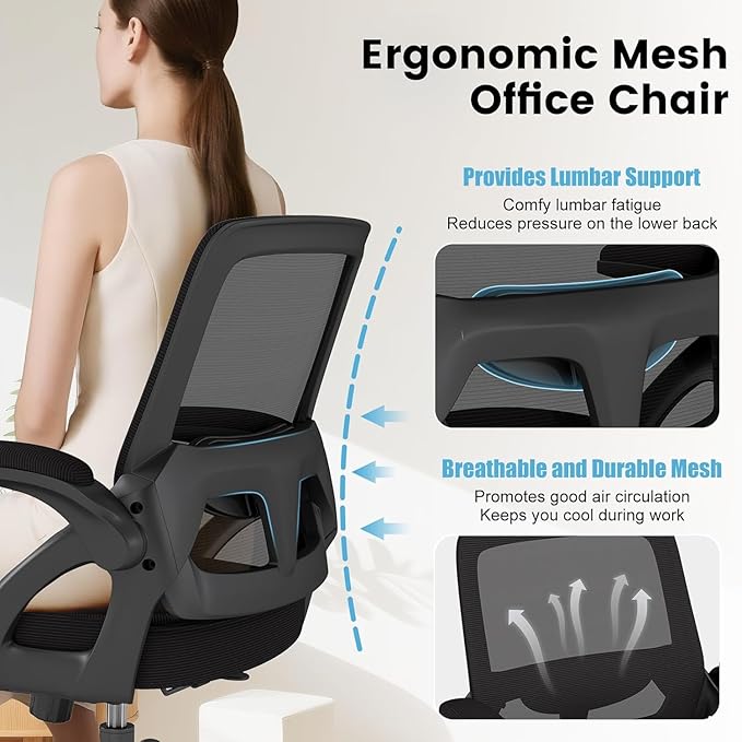 AnyGod , Ergonomic Mesh Gaming Mid Back with Comfy Lumbar Support Swivel Task Executive Chairs with Wheels, Flip up Arms for Home, Office, Study