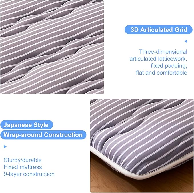 jzbearapt Japanese Floor Mattress, Futon Mattress Foldable, 100% High-Density Premium Foam, Thicken Tatami Mat Portable Dormitory Sleeping Pad, Small Single Size 75" X 25", Grey Stripes