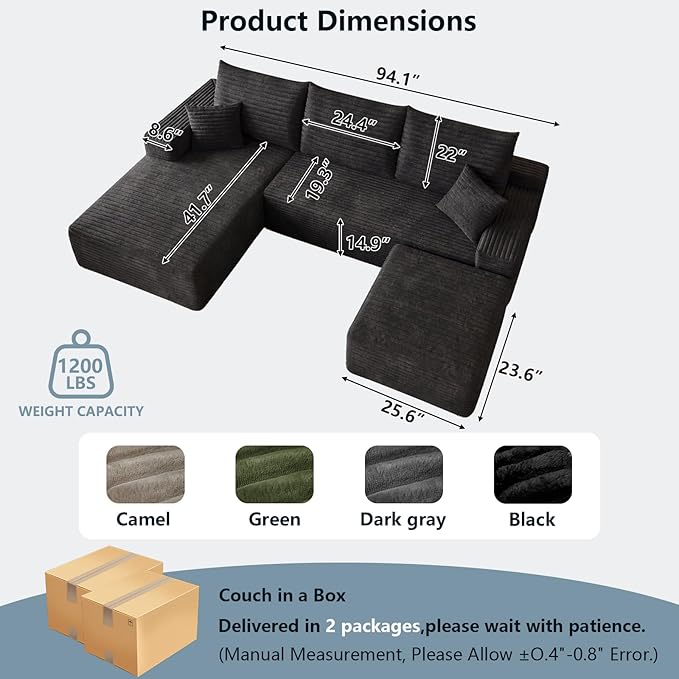 95" Cloud Sectional Couch with Ottoman,Modern U-Shaped Cloud Couch with Deep Seat,Comfy Corduroy 3-Seater Sofa,Memory Foam Sofa for Living Room,No Assembly (Black,Left-Facing Chaise)