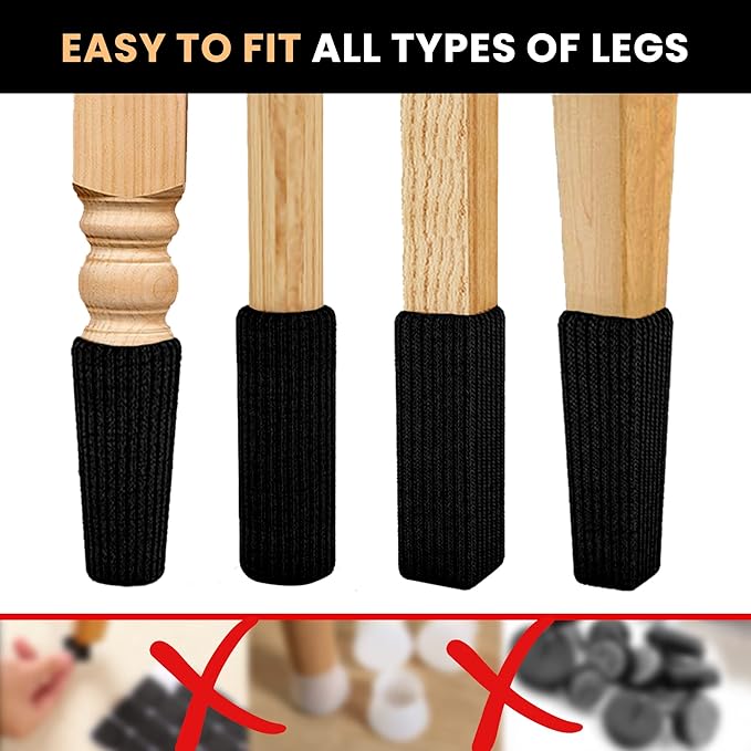 24 Pcs Black Premium Chair Leg Socks Protectors for Hardwood Floors - Do not Easily Fall Off - Very Easy to Put on - Fits All Leg Shapes - High Elastic Bar Stool Leg Covers - Furniture Pads