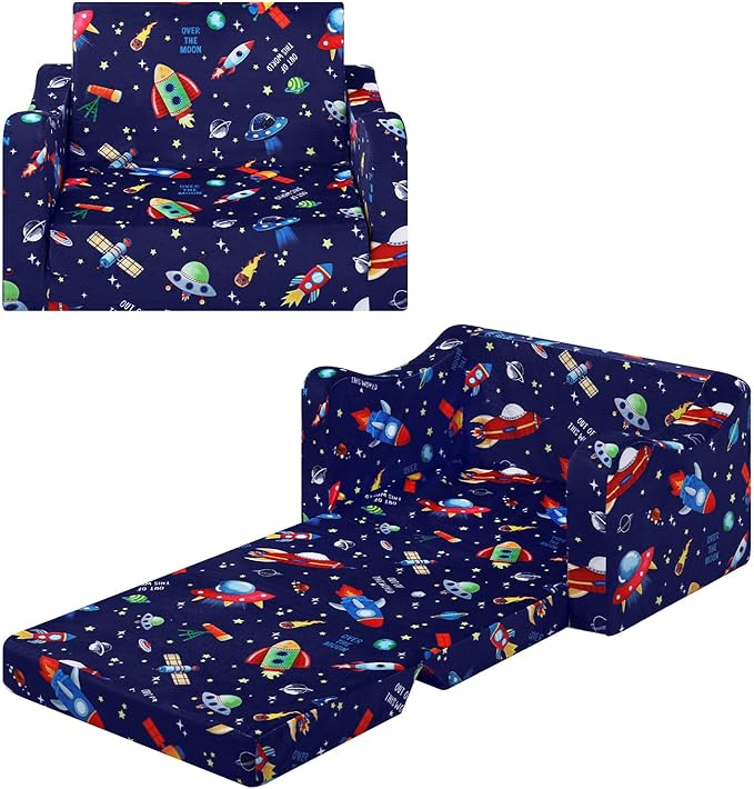 alldomess Comfy Kids Couch, 2-in-1 Folding Kids Sofa Bed for Toddler Boys, Convertible Sofa to Lounger Toddler Couch Chair for Baby Bedroom Playroom Nursery,Rockets
