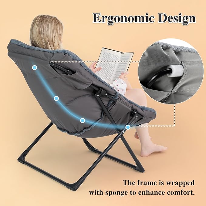 Comfy Saucer Chair for Adults, Set of 2, Soft Faux Fur Bedroom Chair, Accent Dorm Chairs, Flexible Living Room Reading Chairs, Oversized Folding Lounge Seat for Teens, X-Large, Navy Blue
