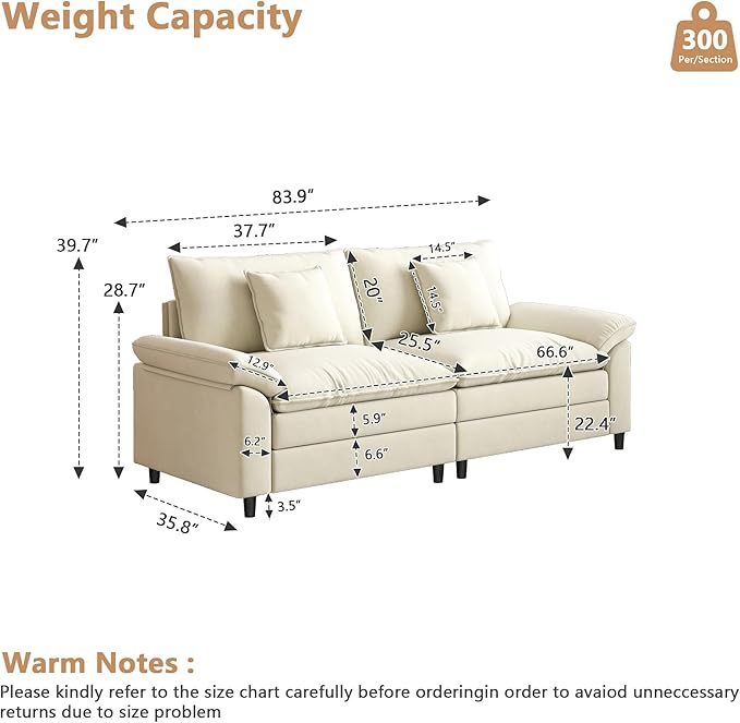 Aoowow Modular Sectional Sofa Modern Convertible Loveseat Couch,85 Inch Deep 2-Seater Sofas Comfy Chenille Cloud Sofas and Couches for Living Room Apartment(Beige)