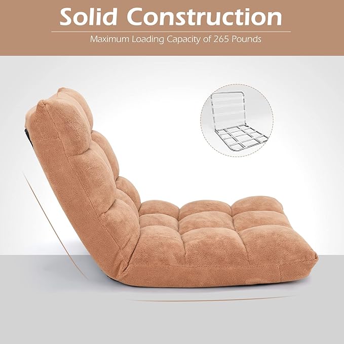 COSTWAY Floor Chair, Video Gaming Chairs with Back Support, Adjustable 14-Position, Alloy Steel Frame, Soft Coral Fleece, Lazy Sofa Lounge for Reading Living Room Recliner for Adults Kids, Beige