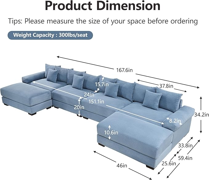 KEIKI 168" U-Shaped Oversized Corduroy Modular Cloud Sectional Sofa with 2 Ottoman, High-Density Foam Cushion, Extra-Thick Armrest, 4-Seater Fluffy Corner Couch with 12 Pillow, for Living Room, Blue