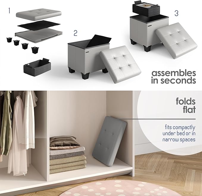 STORAGEBUD Storage Ottoman Cube with Small Bin, 16-in Square Ottoman with Storage for Living Room and Bedroom, Small Ottomans Foot Rest, Faux Leather Foot Stools Ottomans Max 330lbs, Light Grey