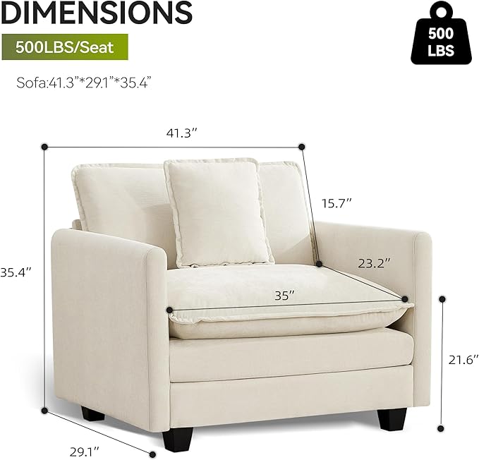 UMBFUN Cloud Couch Accent Chair, Oversized Comfy Modular Sofa with Deep Seat Cushions, Chenille Upholstered Lounge Chair for Living Room & Bedroom, Beige