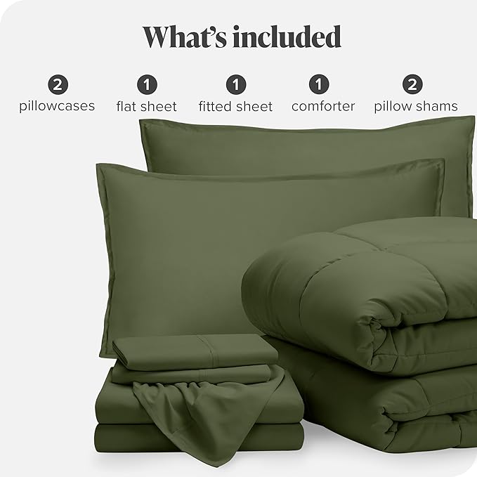 Bare Home Bed-in-A-Bag 7 Piece Comforter & Sheet Set - Full - Goose Down Alternative - Ultra-Soft 1800 Premium - Bedding Set (Full, Cypress/Cypress)
